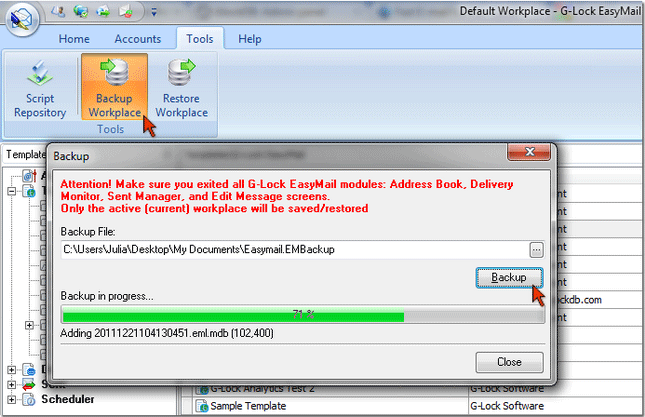 backup and restore workplace in G-Lock EasyMail