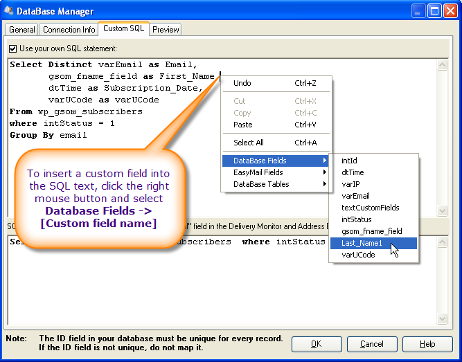 how to use custom sql text