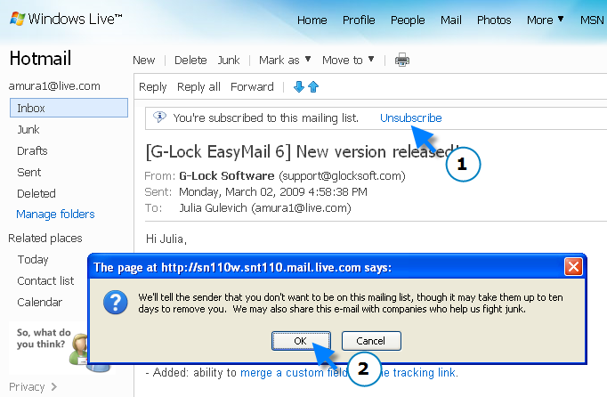 Hotmail unsubscribe button
